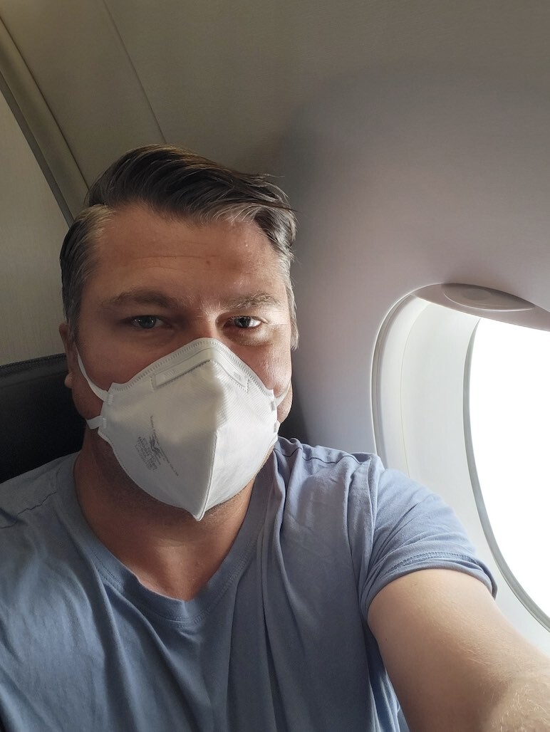 Trevor Booth on a long haul flight to facilitate workshops in New Zealand